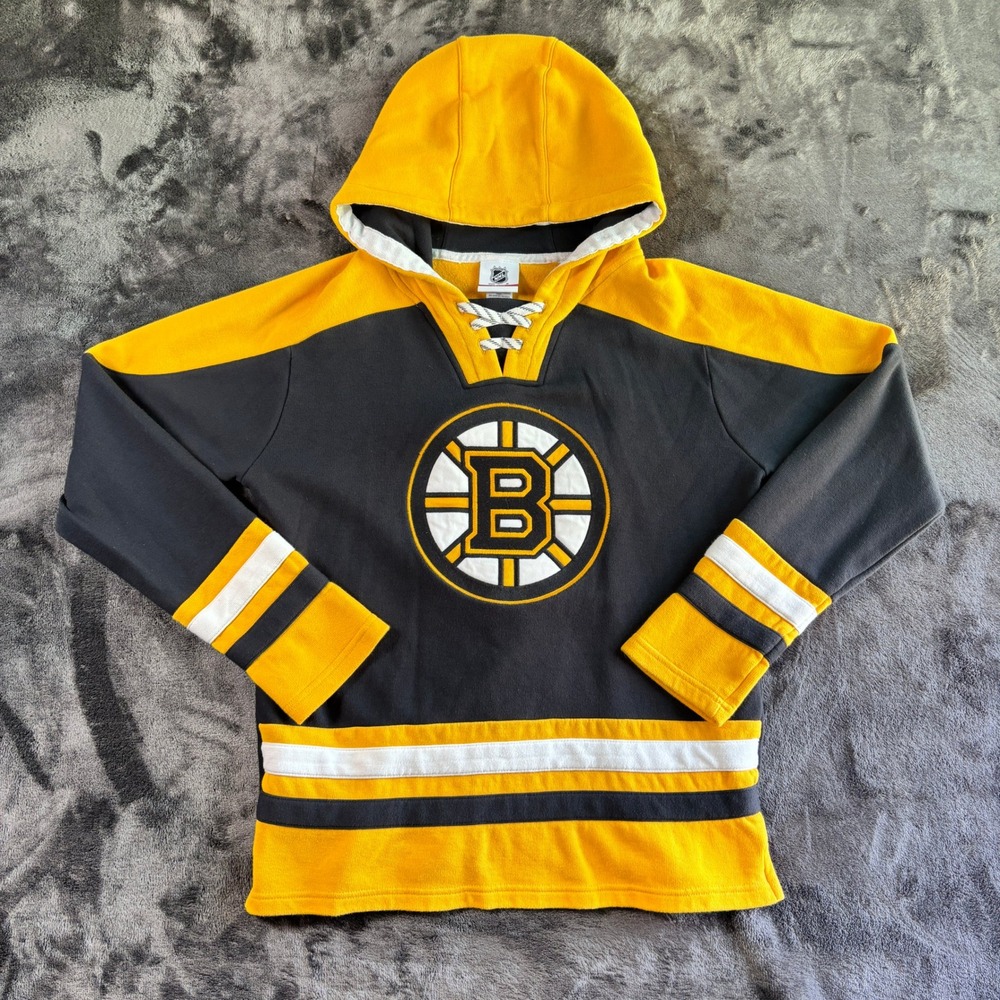 NHL Boston Bruins Youth XL Black Gold Lace Up Hockey Jersey Hoodie 18/20